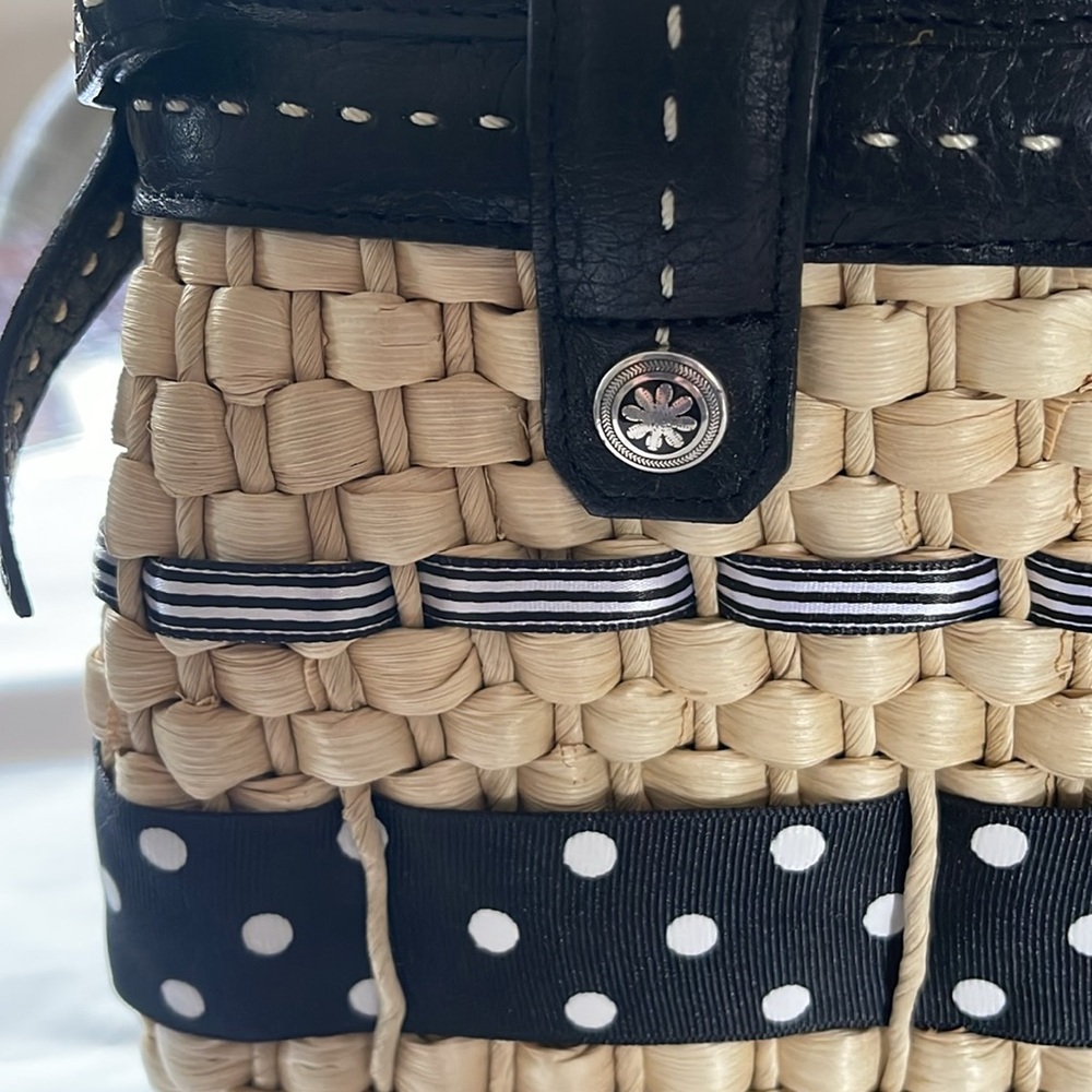 Brighton Black Leather and Tan Woven Wicker Polka Dot Purse Handbag UNUSED - Picture 13 of 14